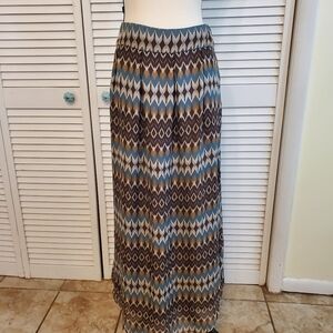 Glam 100% Silk Multi-colored Teal and Brown Patterned Skirt, Size Large